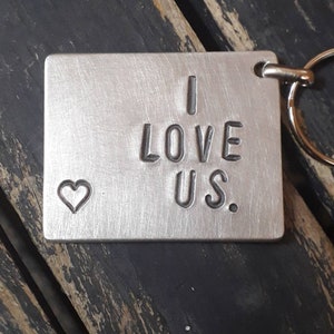 hand stamped silver keychain-i love us-keychain for lovers-couples gift-personalized keyring for girlfriend or boyfriend-customized keychain