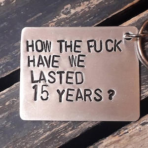 Hand stamped keychain for couples, 15th, Wedding Anniversary, Personalized keyring for Husband and Wife,Silver gift for boyfriend,Parents