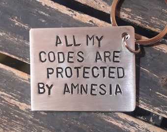 Personalized hand stamped gift for wife or husband, All my codes are protected by amnesia,  Girlfriend or Boyfriend, Gift for Her and Him