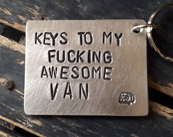 Keys to my fucking awesome van,Customized silver keychain for van lovers, Camping van bus, Personalized keyring for boyfriend and girlfriend