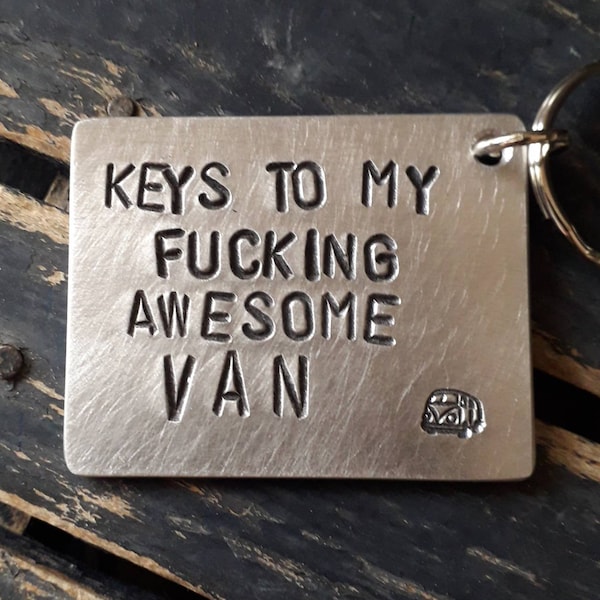 Keys to my fucking awesome van,Customized silver keychain for van lovers, Camping van bus, Personalized keyring for boyfriend and girlfriend