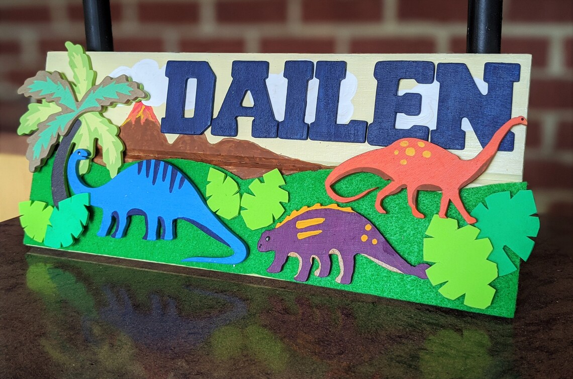 Dinosaur Hand Painted Wooden Kids Name Plate Toddler Kids | Etsy