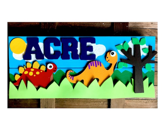 PERSONALISED DINOSAUR NAME PLAQUE DOOR SIGN boy baby cute animal wooden blue