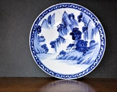 Large Japanese Blue and White Charger - Vintage Platter Poetic Landscape - Home Decor - Cabinet Plate