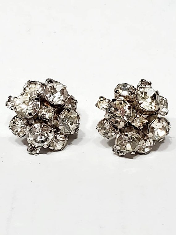 50s Chunky Rhinestone Earrings Clip Ons - Vintage
