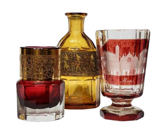 Moser Glass - Antique Bohemian Glass - Cut to Clear Glass - 3 pc