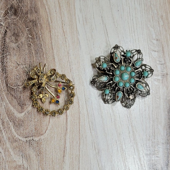 Superbe Broche Vintage En Filigrane - Fausse Turquoise Et Ton Argent - Élégance Rétro