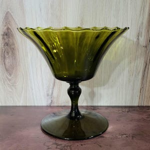 Vintage Avocado Green Glass Pedestal Bowl Vase: Handblown c1960