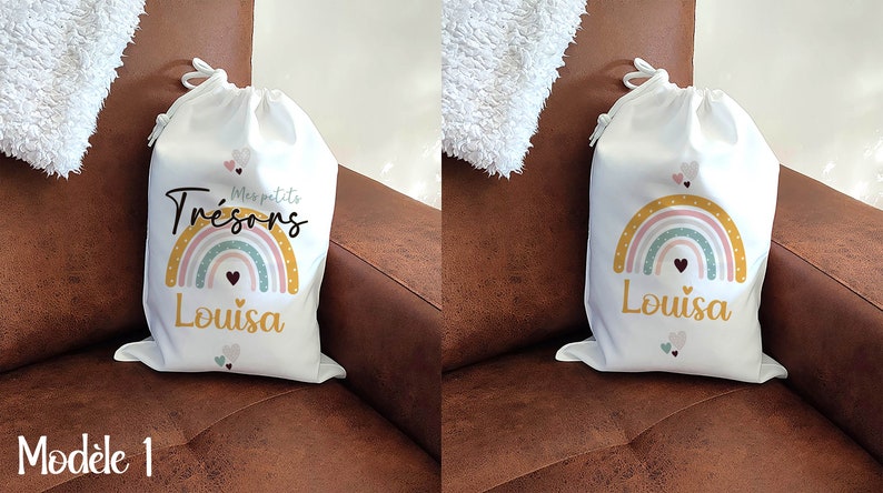 Soft toy bag, treasure bag, personalized / Small and large polyester pouches Arc en ciel 1