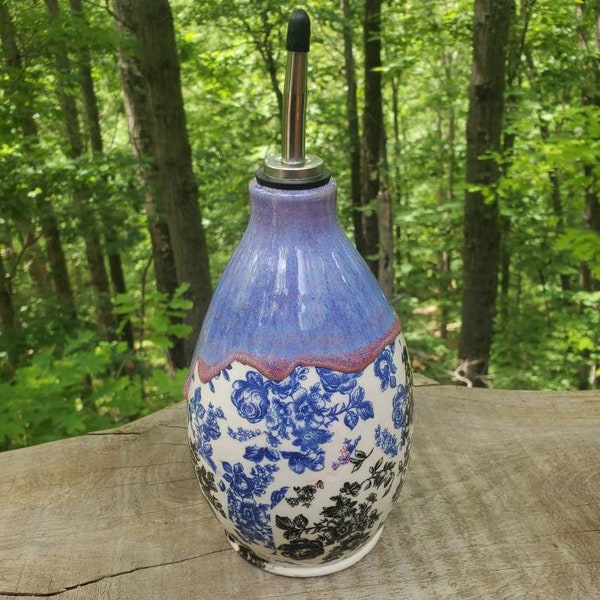 Handmade Stoneware Oil Dispenser, Drip Glaze, Floral Pattern