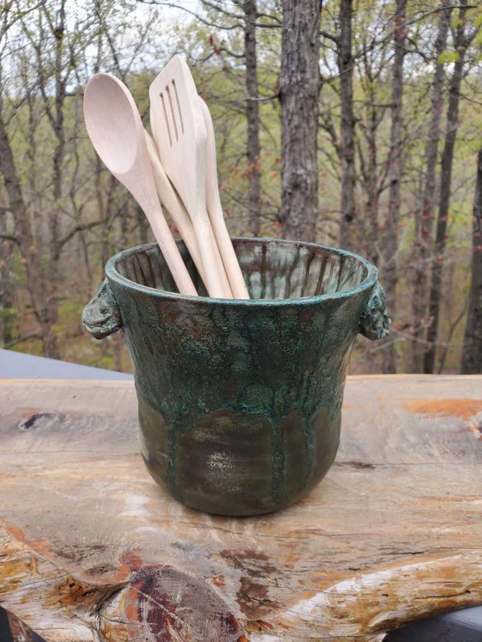 Handmade green utensil crock with lug handle paint or make up Etsy