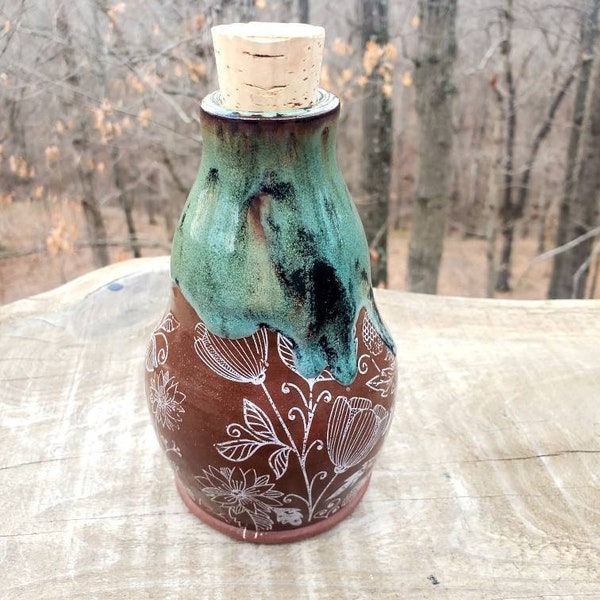 Handmade patterned stoneware bottle, oil or bubble bath pourer, apothecary,  home decor, handmade gift FREE SHIPPING