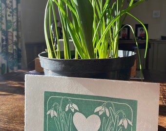 Snowdrop heart original linoprint art