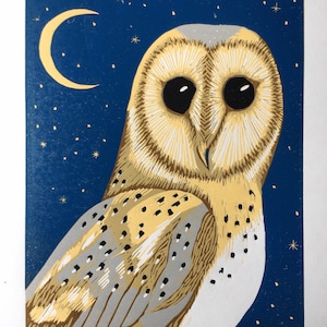 Barn owl original art linoprint limited edition