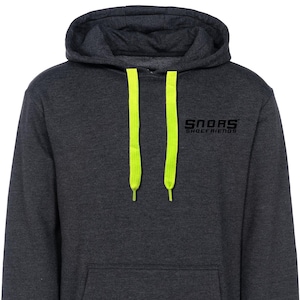 May include: Dark gray hoodie with a hood and a kangaroo pocket. The hoodie features bright neon yellow drawstrings and the text "SNORS SHOEFRIENDS" printed in black on the chest. A casual, comfortable garment.