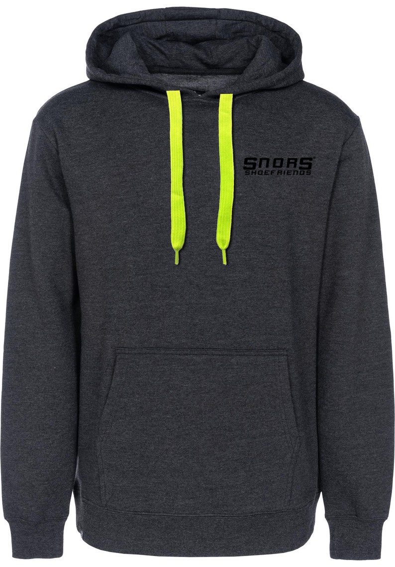 May include: Dark gray hoodie with a hood and a kangaroo pocket. The hoodie features bright neon yellow drawstrings and the text "SNORS SHOEFRIENDS" printed in black on the chest. A casual, comfortable garment.