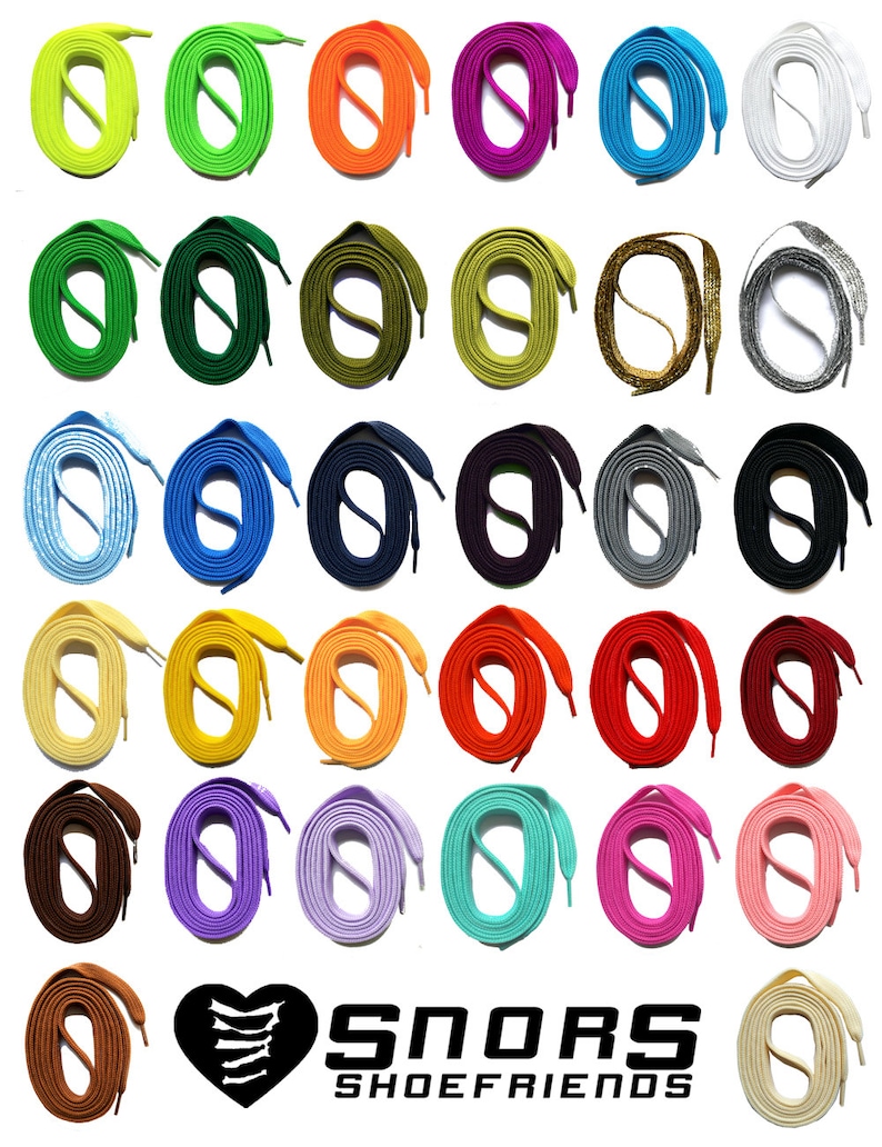 May include: A collection of colorful shoelaces in various shades, including green, orange, purple, and blue. The laces are arranged in neat, coiled patterns, showcasing their vibrant hues. The image includes the text "SNORS SHOEFRIENDS".