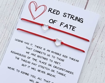Red String of Fate Couple Bracelets: Silver Heart, Adjustable Cord