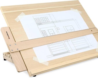 Tablero de dibujo de artista Liquidraw A2, tablero de dibujo de arte de madera maciza ajustable de 6 ángulos con regla cuadrada en T de 60 cm, caballete portátil de escritorio de madera