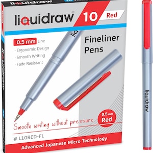 Liquidraw 10 Red Fineliner Pens Set Fine Point Pens 0.5mm Fineliners Red Coloured Pens For Artists, Architects, Technical Drawing, Sketching