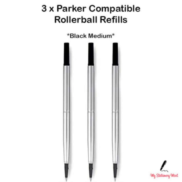 3 x Parker Compatible Rollerball Refill BLACK Pens Medium Rollerball Pen Refills