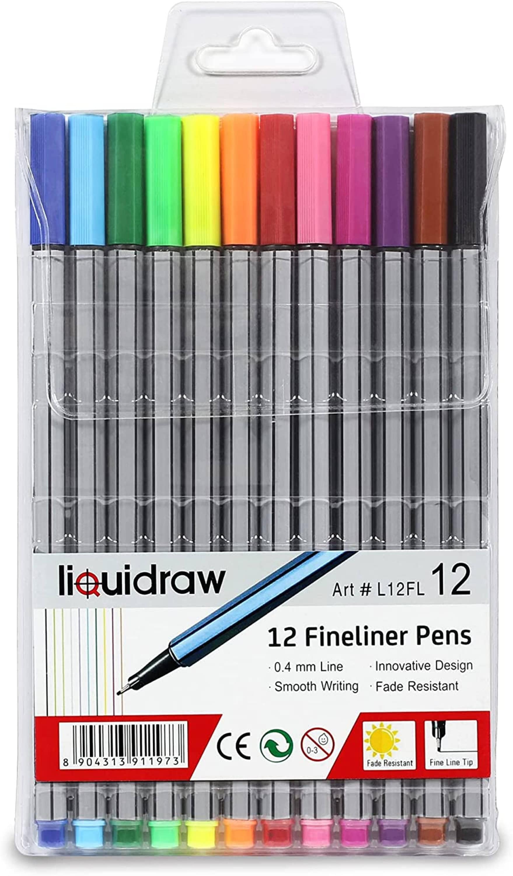 12 Fineliner Colouring Pens Set Fine Point Pens 0.4mm Assorted Colours,  Fineliners Coloured Pens Drawing pens