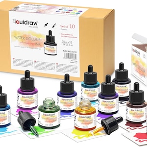 Liquidraw Watercolour Drawing Ink Set of 10 Assorted Colours | 35ml Bottles with Ink Dropper | Water Colour Inks for Art