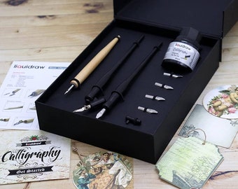 Liquidraw Kalligraphie Stifte Set Dip Pen Nibs Halter Set mit schwarzer Kalligraphie Tinte für Künstler, Anfänger, Erwachsene & Kinder
