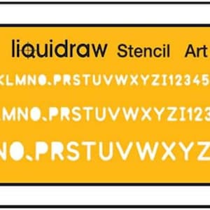 Könnte beinhalten: Eine gelbe Schablonenfolie mit dem Text "liquidraw Stencil Art No. 1300" und einem Satz Buchstaben und Zahlen in verschiedenen Größen. Die Größen sind 2 mm, 3 mm und 4 mm.