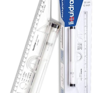 May include: A clear plastic rolling ruler with a protractor, compass, and T-square. It is 12 inches or 30 centimetres long and labelled "All-in-One".