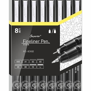 Drawing Pens Set Black Fineliner Pens Set Of 8 Waterproof pens Including Brush Pens For Artists, Architects, Technical Drawing & Calligraphy