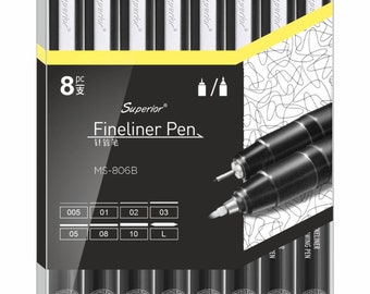 Drawing Pens Set Black Fineliner Pens Set Of 8 Waterproof pens Including Brush Pens For Artists, Architects, Technical Drawing & Calligraphy