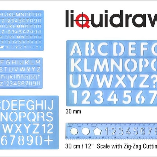 Lot de 5 pochoirs de lettrage Liquidraw de grands modèles de lettres de l'alphabet (30 mm 20 mm 10 mm et 6, 7, 8 mm)