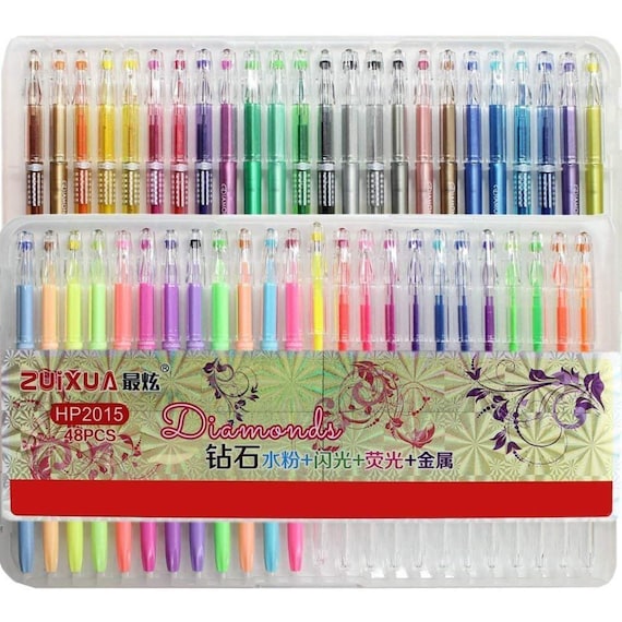 48 Gel Pens Set Metallic Glitter Neon WaterChalk Smooth Concu pour le Scrapbooking et les livres de coloriage pour adultes
