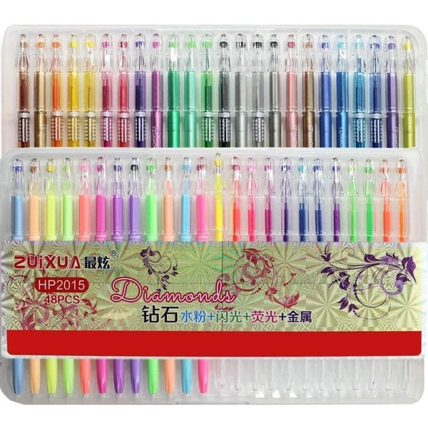 48 Gel Pens Set Metallic Glitter Neon WaterChalk Smooth Designed for Scrapbooking & Adult Colouring Books