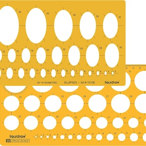Pode incluir: Estêncil de plástico amarelo com uma grade de círculos e elipses de vários tamanhos. O estêncil é etiquetado como "35° 16' ISOMETRIC" e "ELLIPSES - Art # 1510E".