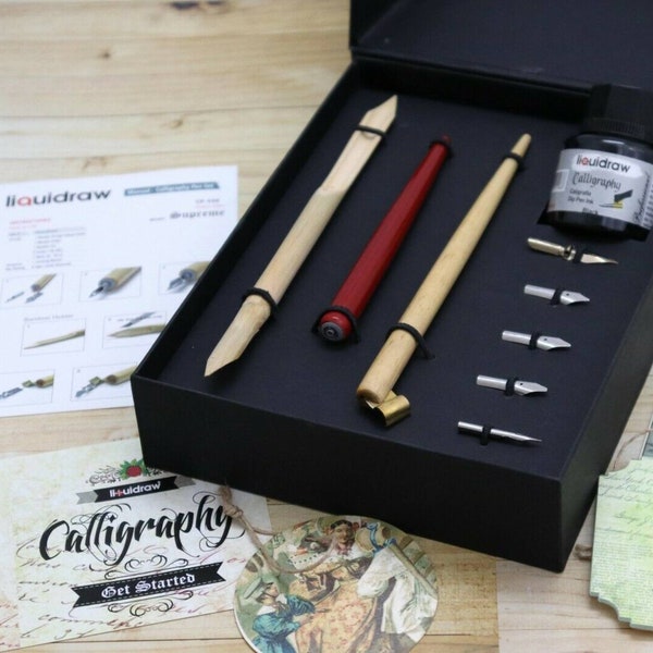 Liquidraw Calligraphy Pen Set Avec Encre Noire Dip Pen Nibs Holder Bois Arabe