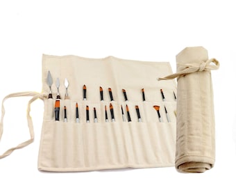 Liquidraw Paint Brush Holder Roll Up Natural Canvas Brush Bag 30 Pocket Case Storage Pouch Make up Brush Case