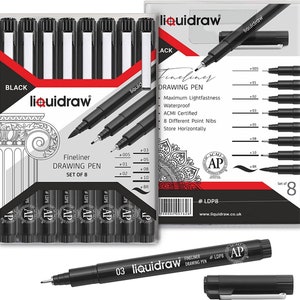 Liquidraw Drawing Pens Set Black Fineliner Set Of 8 Waterproof Fineliners Including Brush Pen For Artists, Technical Drawing, Calligraphy