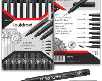 Liquidraw tekenpennen Set Zwarte Fineliner Set van 8 waterdichte fineliners inclusief borstel pen voor kunstenaars, technische tekening, kalligrafie