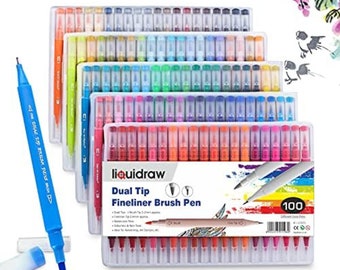 Liquidraw 100 Dual Tip Brush Pens Fineliner Colouring Set Fineliners Coloured Watercolour Markers In Case For Adult Colouring Books Drawing