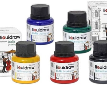 Ensemble d'encres à dessin couleur Liquidraw, encre de Chine, waterproof, lot de 5 couleurs assorties, 35 ml