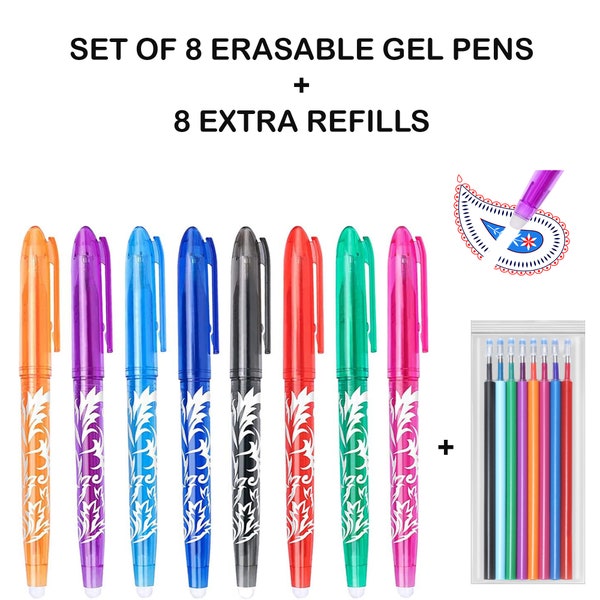 Liquidraw Erasable Pens Rollerball Pens 8 EXTRA REFILLS Erasable Gel Pens Set 8 Colours Rub Out Pen Handwriting, Colouring, Students, Adults