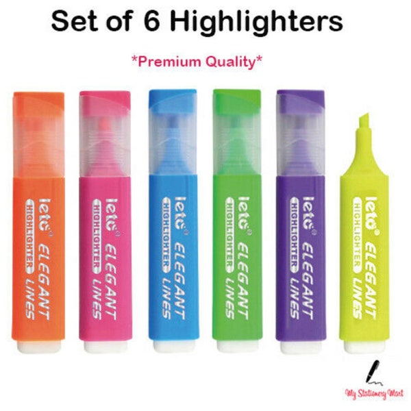 Set of 6 Premium Assorted Neon Highlighter Pens Fluorescent Colours Markers Highlighters Office School Equipment