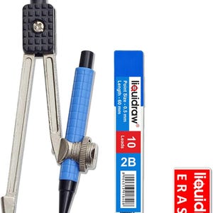 May include: A set of drawing tools featuring a silver and black compass, a blue mechanical pencil, a pack of 2B leads, and a red eraser. The lead pack is labelled "liquidraw" and contains 10 leads, 0.5 mm point size, and 60 mm length.