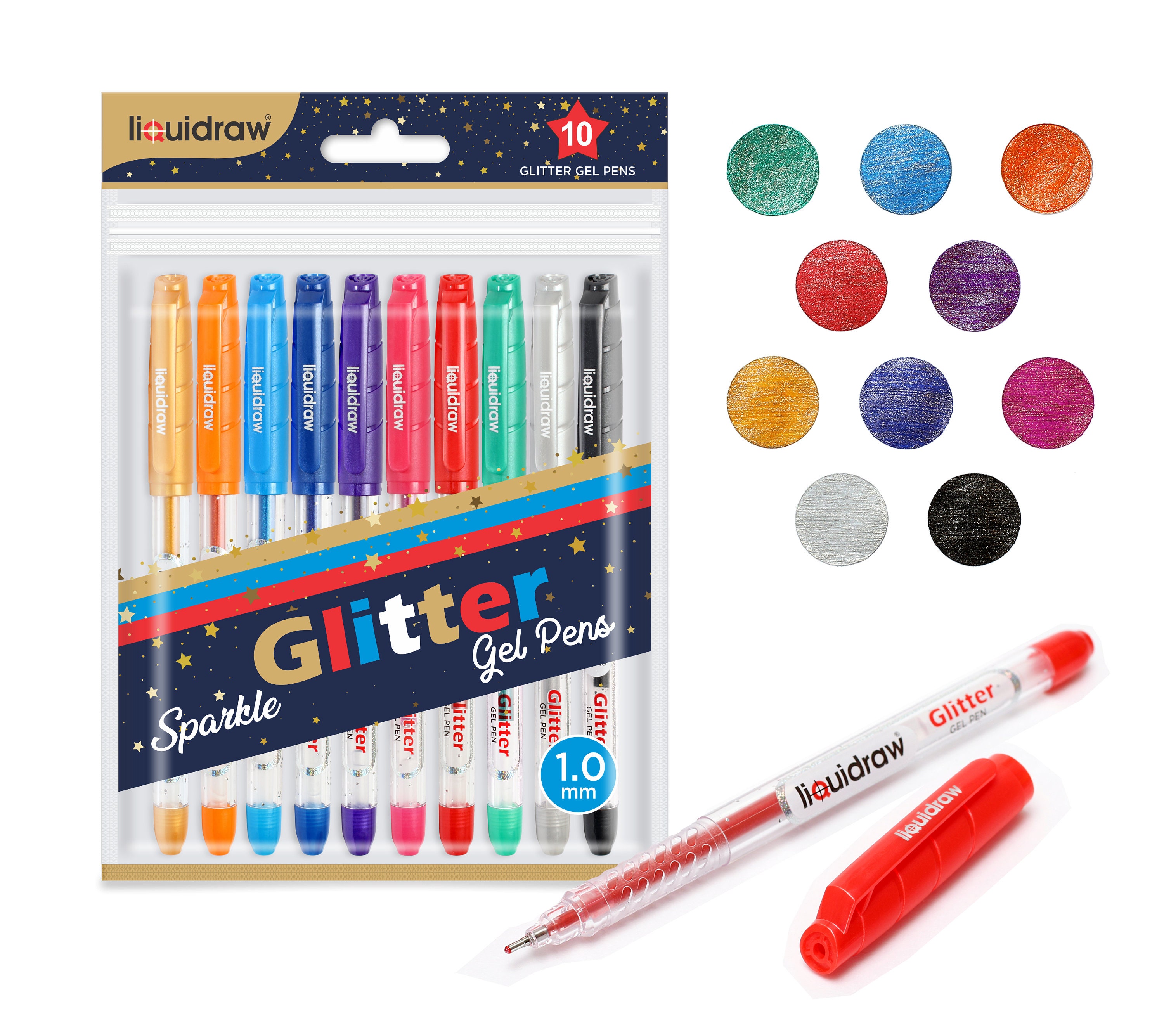 10 Metallic Glitter Gel Pens 1.0mm Bold Tip Assorted Extra Sparkling Crafts  Set for Drawing Scrapbooking Card Making Adult Colouring Books 