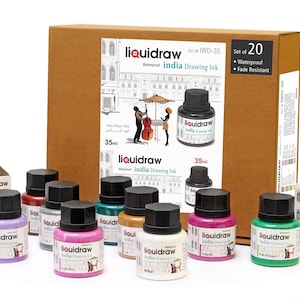 Liquidraw Coloured Drawing Ink Set India Ink, Waterproof, Set of 20 Assorted Colours, 35ml Indian Inks for Artists