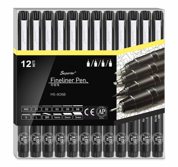 Drawing Pens Set Black Fineliner Set of 12 Waterproof Pens Including Brush  for Artists, Technical Drawing, Calligraphy, Sketching, 