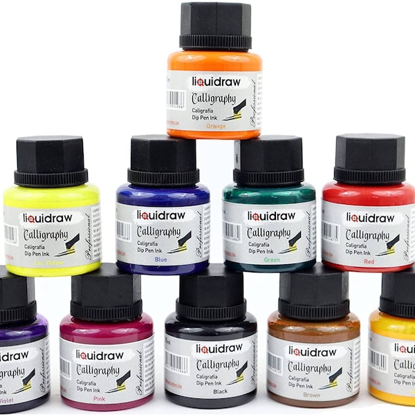 Liquidraw Calligraphy Ink Set Of 10 For Dip Pens Holder Writing 35ml Calligraphy Pens Brush Ink Artists Qualité pour le dessin et le lettrage