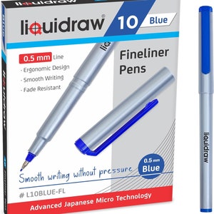 Liquidraw 10 Blue Fineliner Pens Set Fine Point Pens 0.5mm Fineliners Blue Coloured Pens For Artists Architects Technical Drawing Sketching